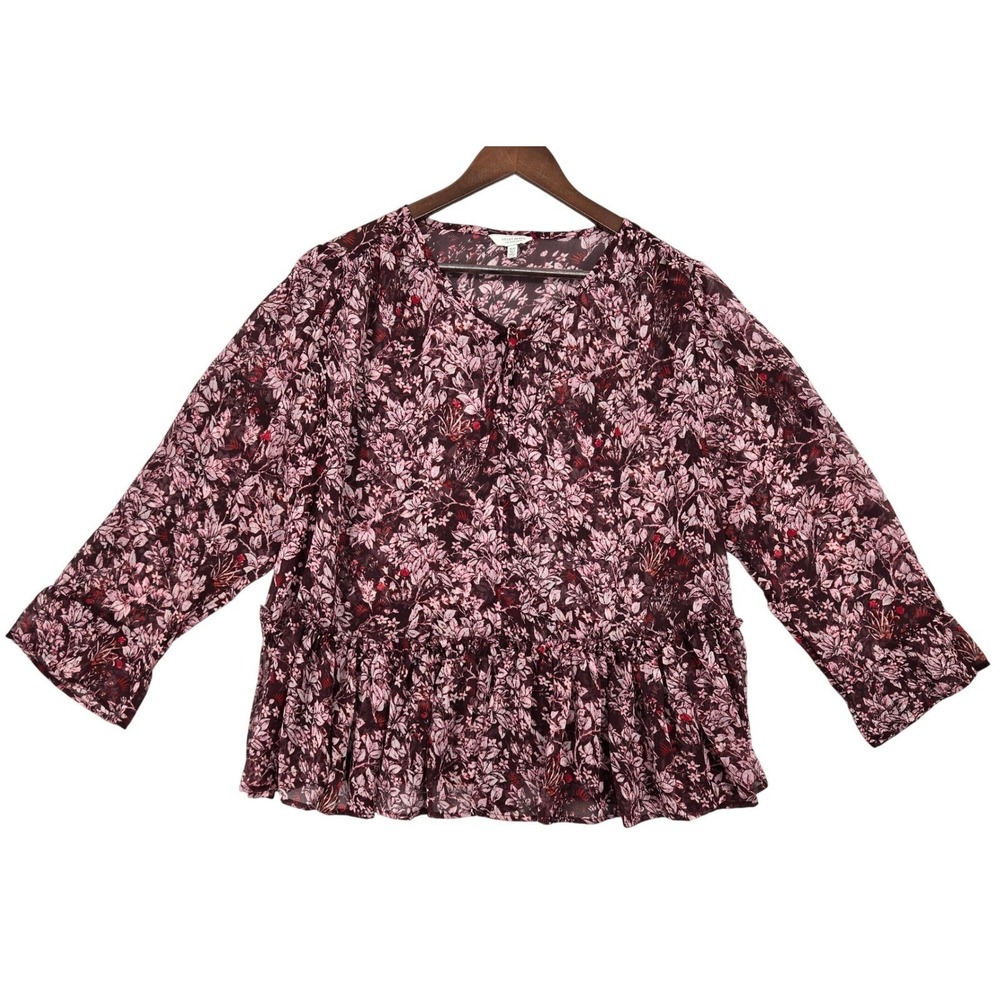 Lucky Brand 1X Floral Peplum Sheer Top Womens Burgundy Boho Chiffon Blouse